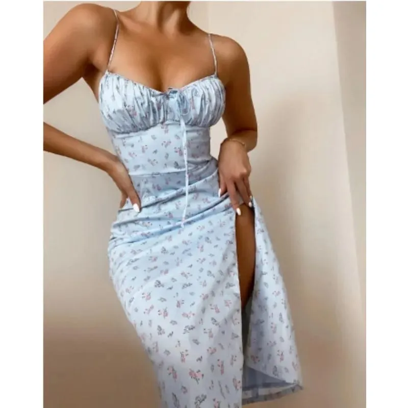 Women Elegant Floral Beach Vacation Streetwear Sexy Low Cut Beach Party Slim Slit Dress Chic Bodycon Lady Sleeveless Vestidos — image 3