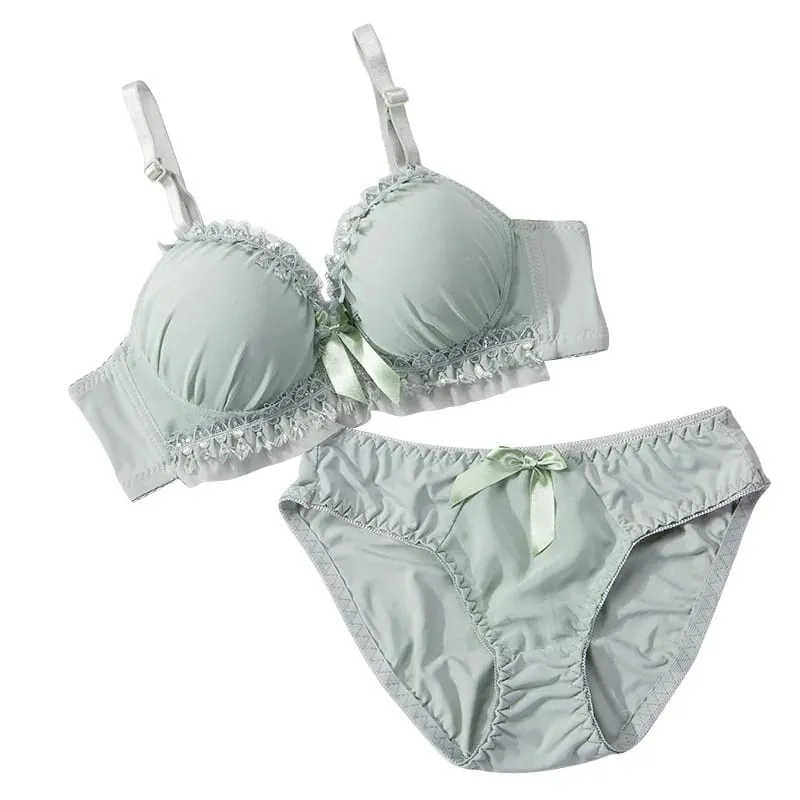 Women Lingerie Set Soft Memory Wire Ruffle Lace Bow Decor Intimate Underwear Suit No Pads Thin Breathable Adjustable Straps