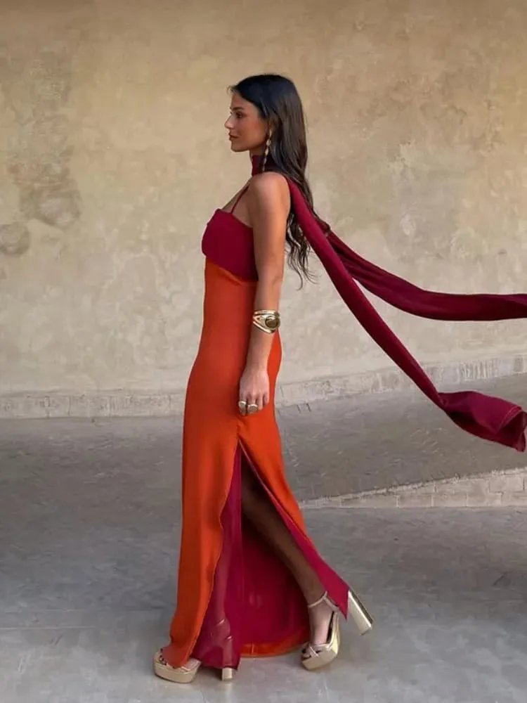 섹시한 컬러 차단 스카프 칼라 슬링 드레스 여성 세련된 허리 Cinching 분할 Bodycon 맥시 드레스 2026 레이디 클럽 파티 Vestido — image 1