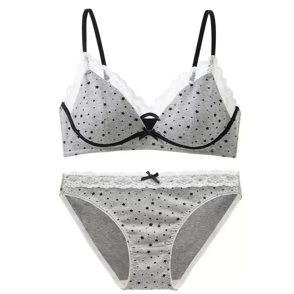 Women No Underwire Bra Set Soft Support Push‑Up For Small Bust Prevent Sagging & Side Spread Sweet Girly Style Lingerie 32‑38 — image 2
