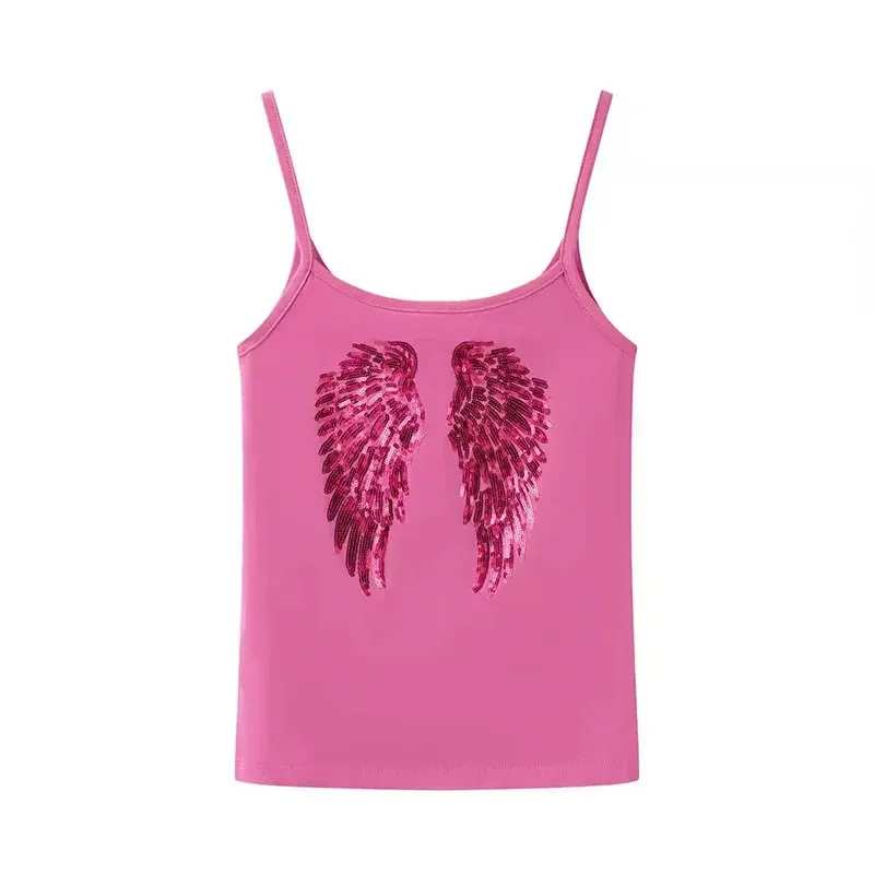 2026 Summer Women Y2K Vintage Sequin Angel Wings Back Print Spaghetti Strap Cami Top Slim Fit Casual Streetwear Party Tank Vest — image 5