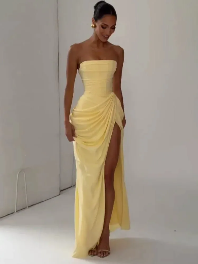 Gelbes, trägerloses, plissiertes Frauen-Split-Maxikleid, elegantes, ärmelloses Taillen-Cinch-Slim-Fit-Kleid, 2026, Damen-Tagesparty-Kleider — image 3