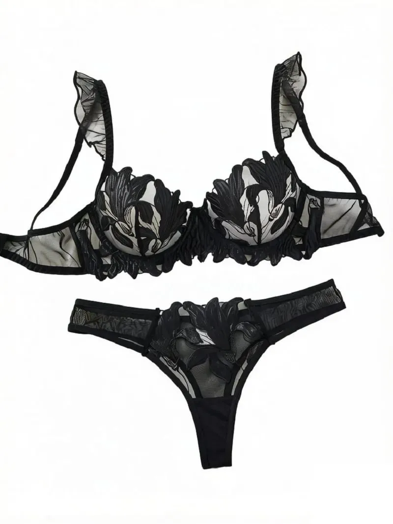 Sexy Black Floral Embroidery Lingerie Set Sheer Mesh Ruffle Sleeve Underwire Bra Panty Intimate Wear — image 1