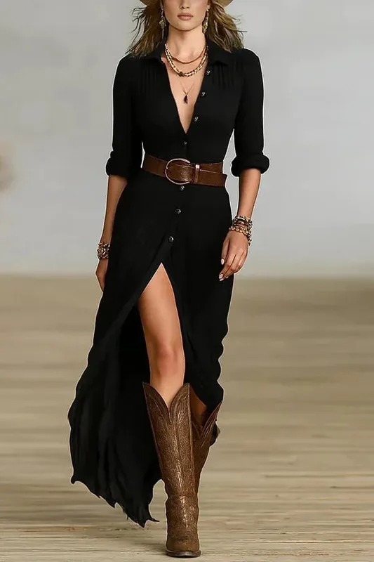 Sexy Fashion Women's Dress New French Retro V-neck Waist Pleated Loose Slit Temperament Long Sleeve Dresses For Women Robe Femal — image 8