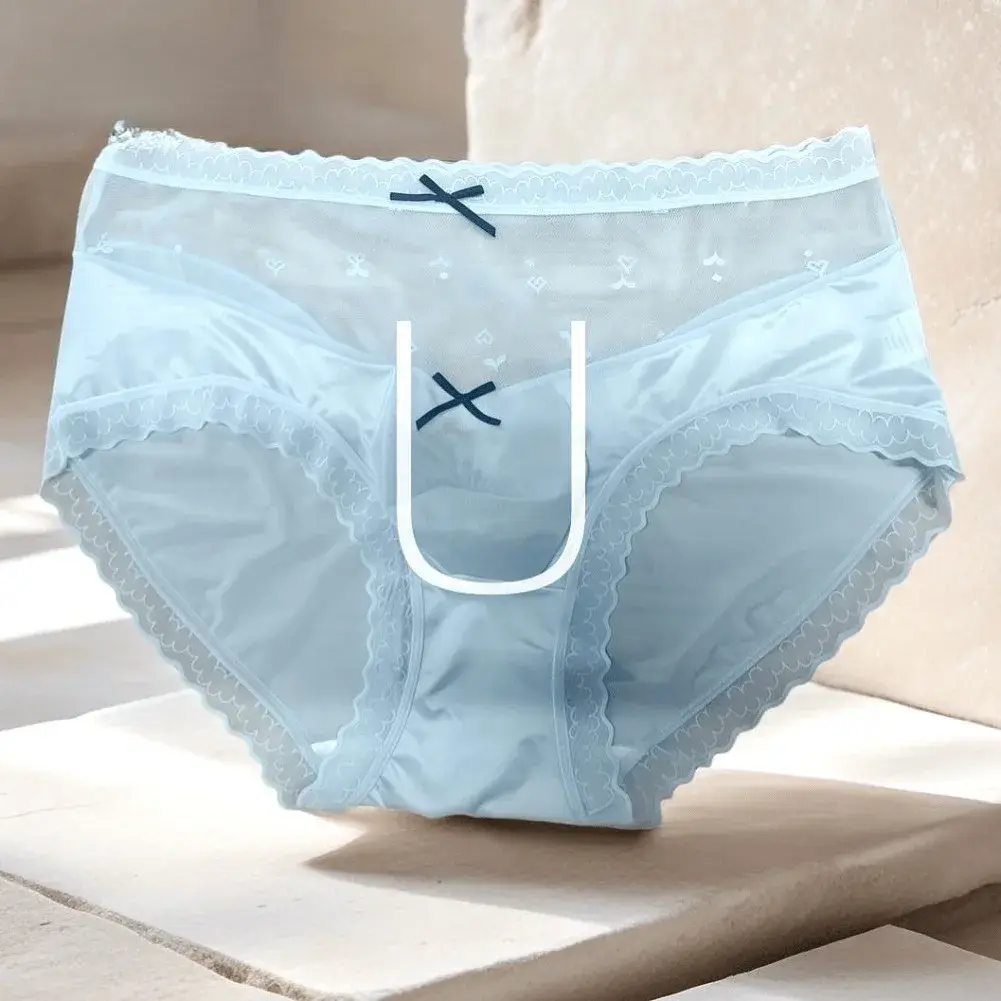 Men Satin Lace Brief Underwear Sweet Bow Decoration Sheer Mesh Waistband Scalloped Lace Trim Soft Smooth Fabric Sexy Male Briefs — image 5