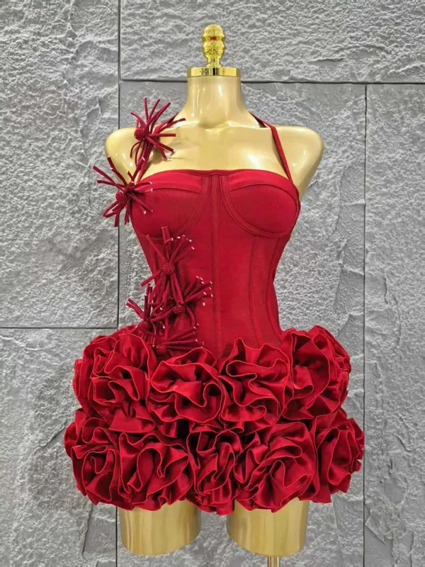 Elegant Skinny Luxury Birthday Party Red Black Bandage Outfit Women Sexy Halter Prom Gown Celebrity Club Two Piece Set Cocktail