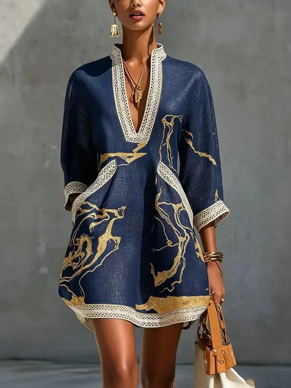 B Elegant Mini Dress for Women Fashion Lace Trim V Neck Abstract Print 3/4 Sleeve Pocket Dress Casual Commuting Vacation Dresses — image 8