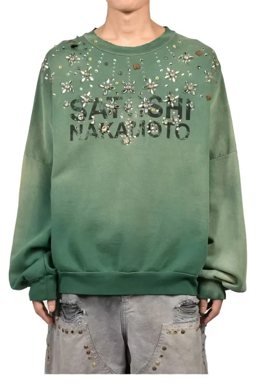 Letters Logo Rhinestone Rivet Satoshi Nakamoto Sweatshirts Men Women Streetwear Vintage Washed Charcoal Gray Green Pullovers Tag — image 3