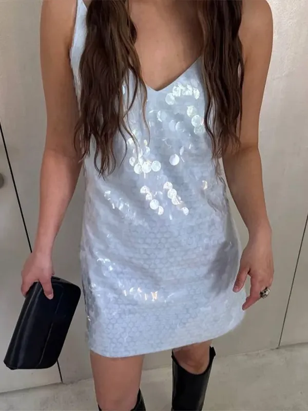 Sexy Women's Solid Sequin Sling Short Dress Sleeveless Backless V-neck Female Dresses 2026 Summer Lady Beach Holiday Vestidoes — image 6