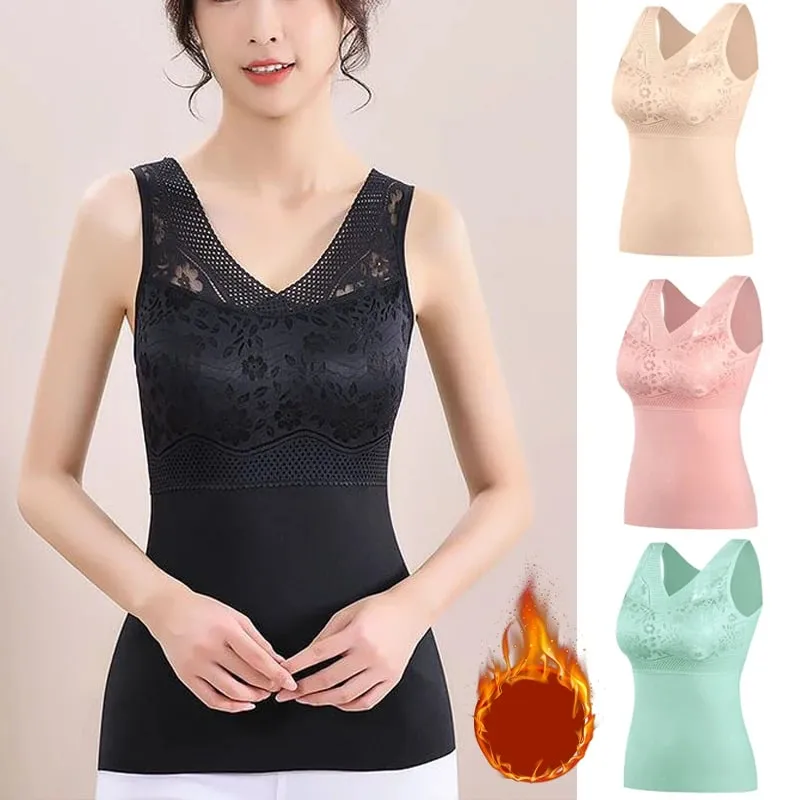 Women Winter Lace Padded Thermal Vests Soft Skin‑Friendly Undershirts Comfortable Sleeveless Inner Versatile Daily Tank Tops — image 4
