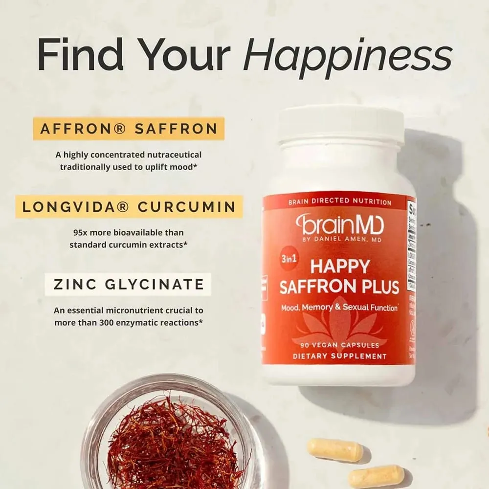 Happy Saffron Plus Supplement for Mood Memory - 90 Capsules - with Saffron Flower Extract Curcumin & Zinc - Vegan Gluten Free — image 3