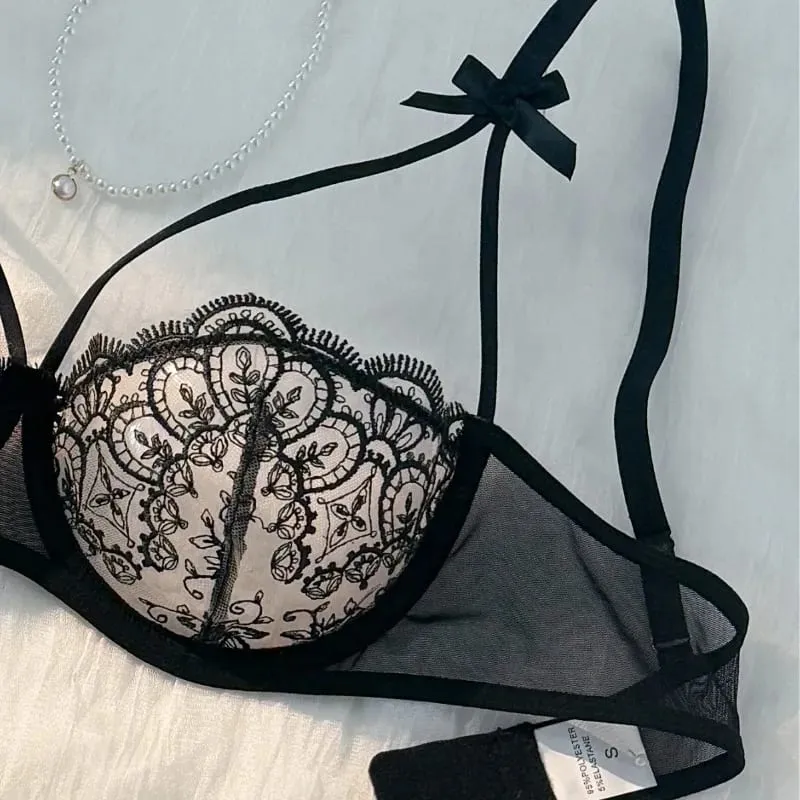 2-piece Women's Black Comfortable Lightweight Bow Womens Lace Embroidery Semi-Sheer Adjustable Strap Bra and Panty Set — image 5