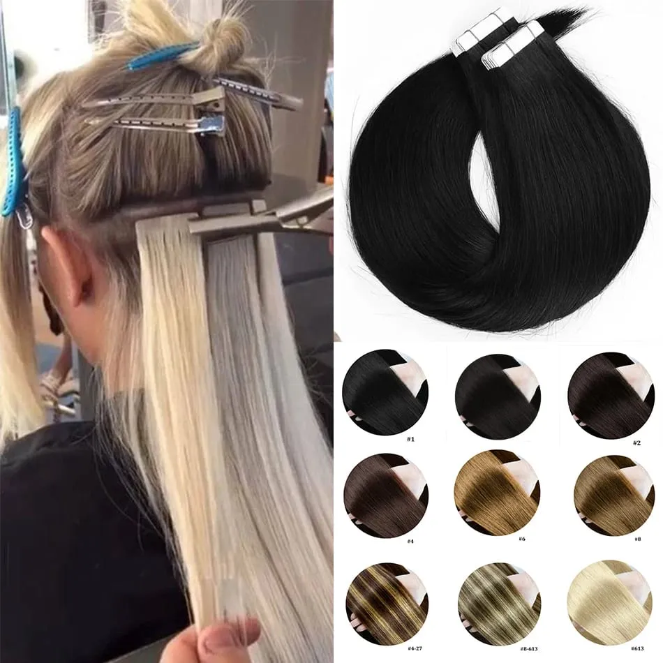 100% Human Hair Adhesive Glue Tape in Hair Extensions for Women Adding Hair Length And Volume Straight Remy Hair Extensions — image 1