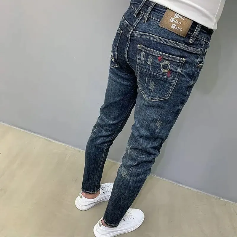 Harajuku Fashion Autumn New Blue Jeans Men's Trendy Brand Scratches Cargo Work Korean Slim-fitting Trousers Luxury Elastic Pants — image 2