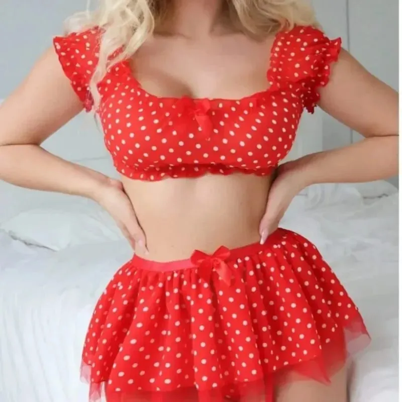 Women's Sexy Polka Dot 2 Piece Lingerie Set Off Shoulder Mesh Tulle Skirt with Garter Straps for Nightwear — image 8