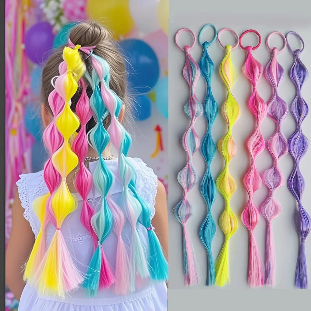 6pcs Clip in Curly Hair Extensions Rainbow Color Hairpieces with Cute Alligator Clip Bows for Girls-Great for Gifts Holidays — image 10
