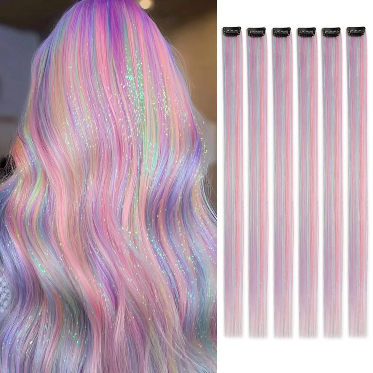 Synthetic Clip in Hair Extensions for Girls 22 inch Multi-colors 6pcs/pack Rainbow Straight Hair Synthetic Hairpieces — image 8