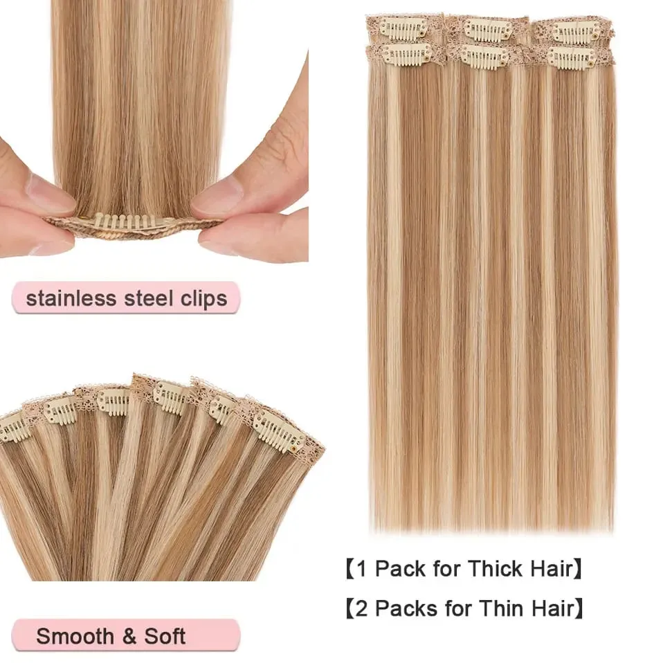 6 Pcs Clip In Human Hair Extensions Single Clip Ins Short Hair Extensions Seamless Straight Highlight Hairpieces for Women — image 5