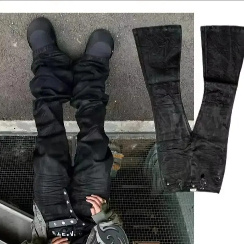 American retro heavy industry men and women black gothic retro casual loose jeans High street coated micro-flare jeans — image 2