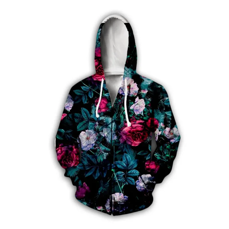 Flower Floral Pattern 3D Print Zipper Hoodies Men's Autumn Hooded Sweatshirts Oversized Streetwear Tracksuit Coat Man Clothing