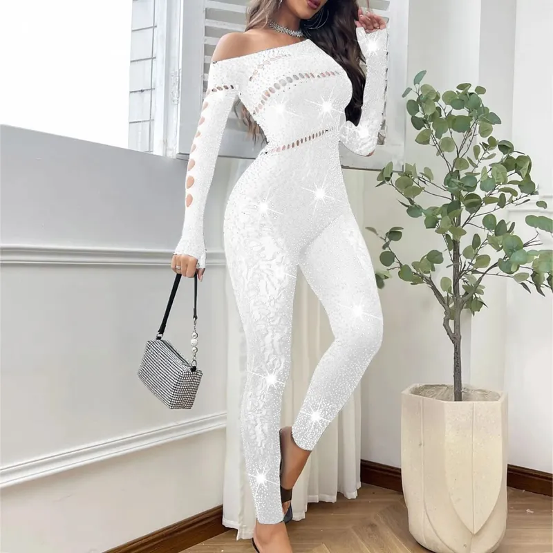Kvinder Sexet Mesh Rhinestone Jumpsuit Langærmet Se Through High Stretch Body Strømper Jumpsuit Club Plus Size Stock Lingeri