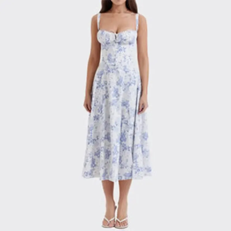 Women Summer Dress 2024 Fashion Floral Print Halter Sling V Neck Bra Sleeveless Gentle Woman mid-calf Dresses Vestidos GHH24128 — image 3