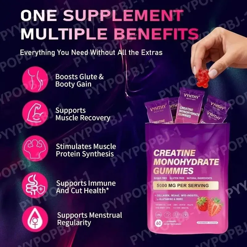 Creatine Monohydrate Gummies with Collagen BCAA and Vitamins Fitness Supplement Strawberry Flavor Daily Workout Support Sugar — image 7