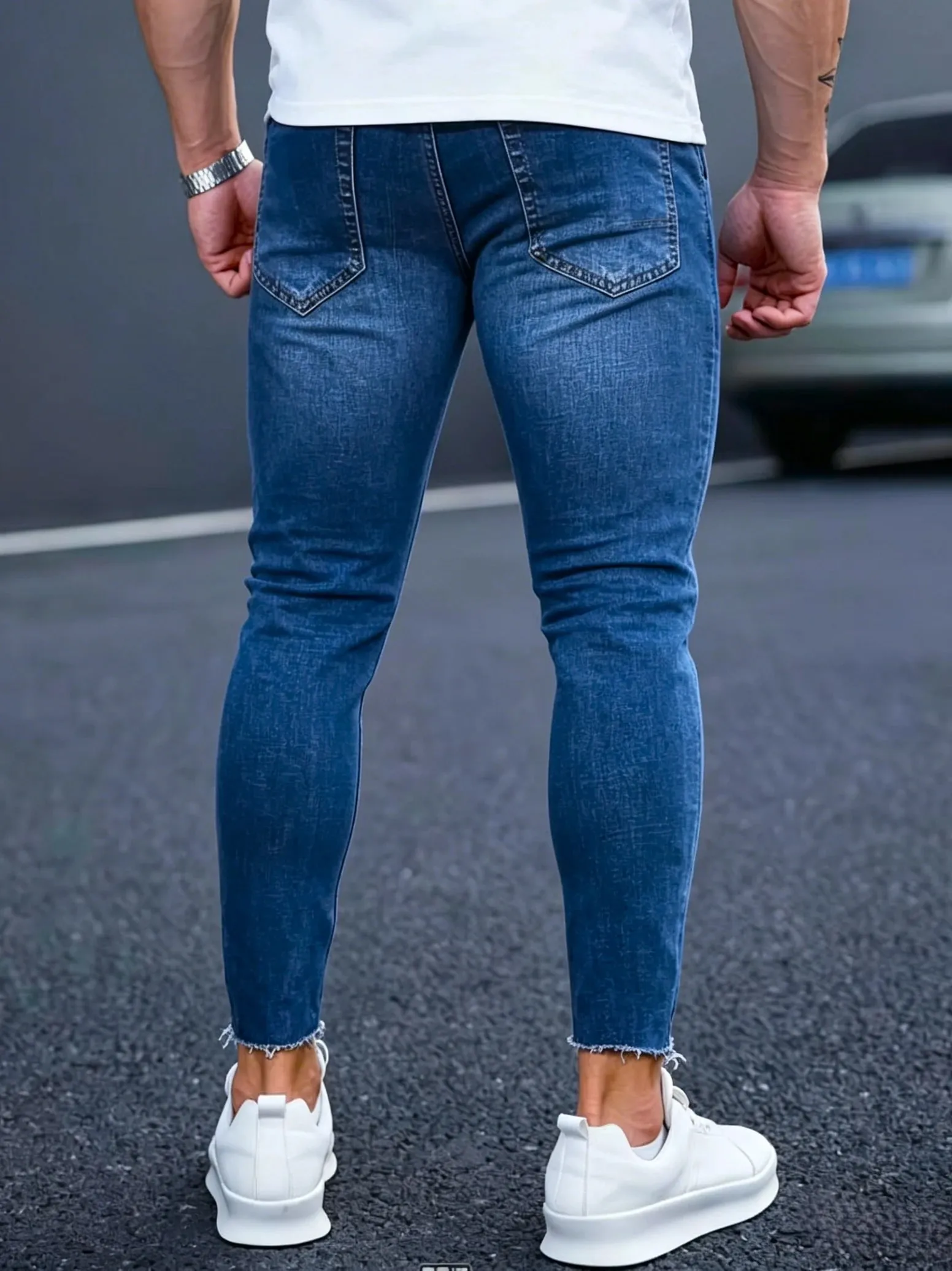 Slim Fit Jeans Men Blue Washed Whisker Ripped Details Jeans Classic Mid Waist Blue Tone All Season Pants Urban Daily Stylish Bot — image 3