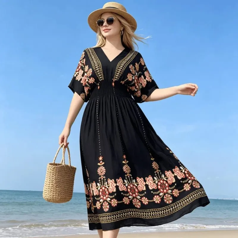 Boho Holiday Women V-Neck Batswing Short Sleeve A-Line Midi Dresses Slim Elastic Waist Casual Vintage Office Lady Elegance Dress — image 28