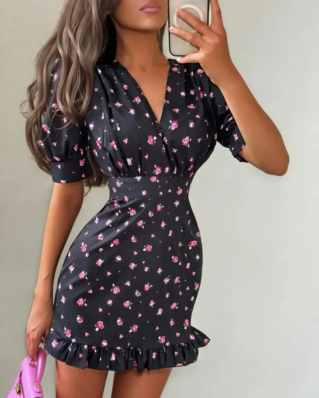 Elegant Floral Printed Lace Up Dress Women V-neck Puff Short Sleeve Waist-cinching Mini Dresses 2026 Summer Daily Street Gown