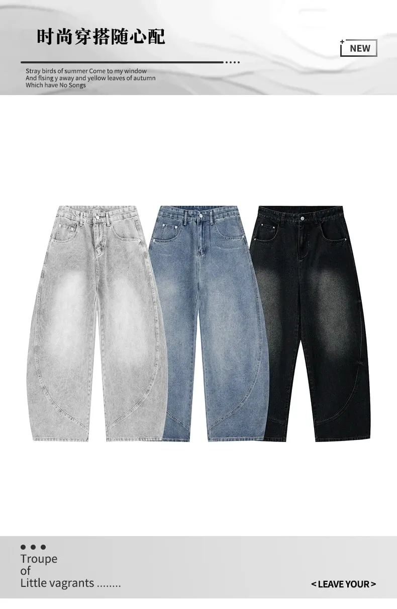 2026 Autumn Men Curved Seam Baggy Jeans Vintage Wash High Waist American Street Wide Leg Denim Pants