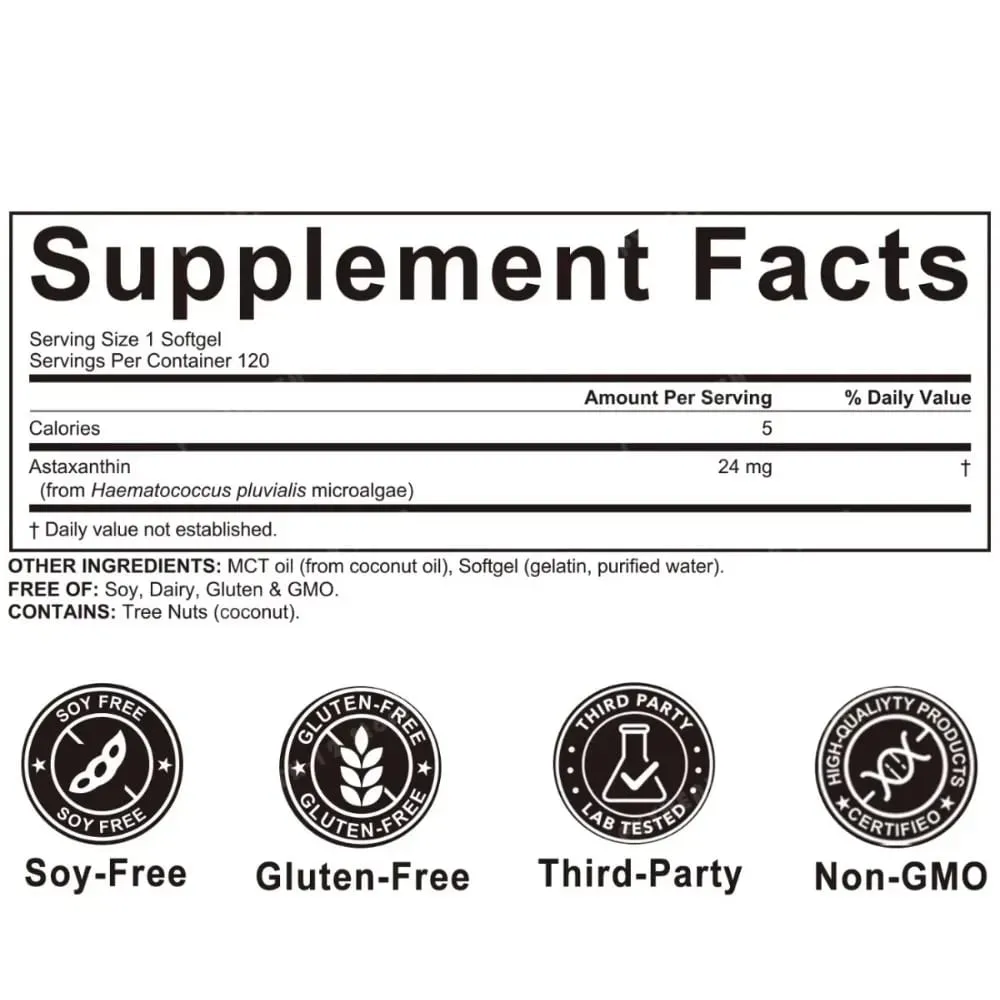 Astaxanthin Softgels 24mg Triple Strength Kraftfuld antioxidant Øjensundhedsstøtte Mikroalger Sojafri Glutenfri 120 Antal — image 7