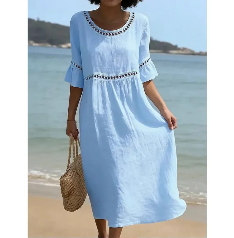 Hollow-out Solid Cotton Linen A-Line Dress Woman O Neck High Waist Loose Dresses Summer Flare Sleeve Beach Vacation Dress — image 2