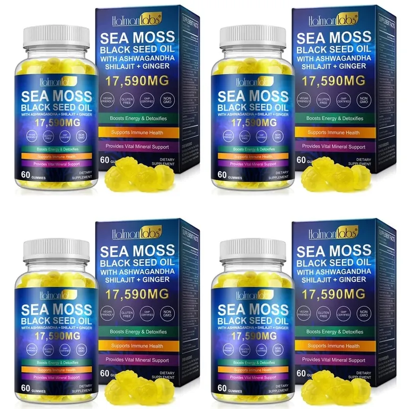 HalmanLabs Sea Moss Black Seed Oil Gummies na may Vitamin C at Vitamin D para sa Immune Health at Vital Mineral Support 60 Gummies
