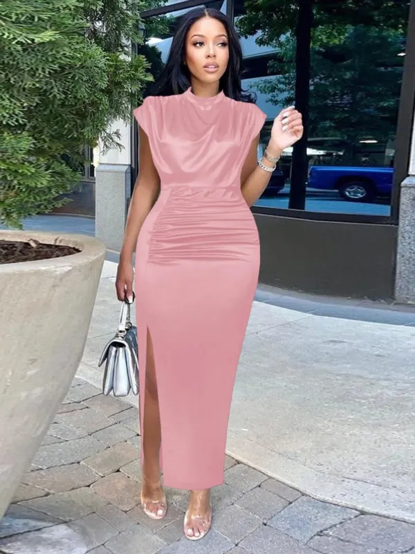 2026 Summer New Women's Color Ding Long Dress Solid Color Dress Split High Waist Temperament Bag Hip Commuter Dress — image 6