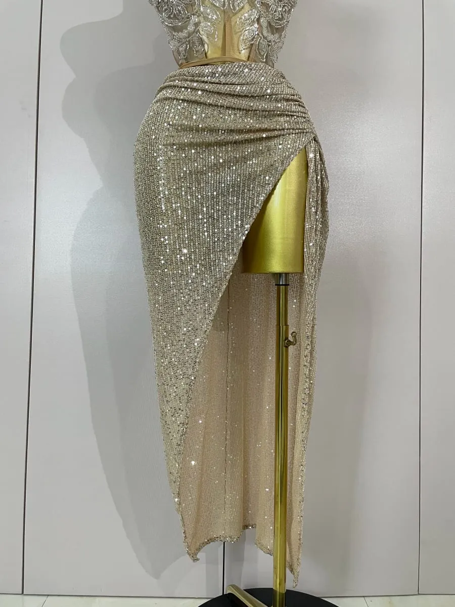 Sparkly Sequin Beading Sexy Strapless Two Pieces Set Women Evening Celebrate Nightclub Party Luxury Birthday Dress Stage Costume — image 6