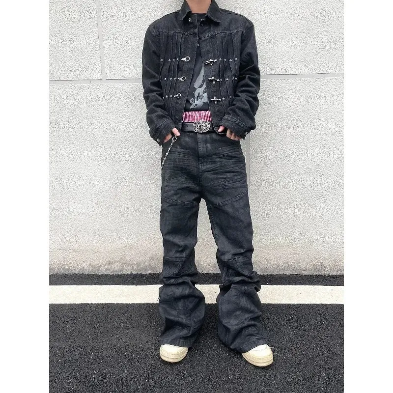 Denim Pant Men Stacked Jeans Vintage Pants Spliced Full Length Mid Waist Washed Straight Trousers Y2k High Street Casual Spring