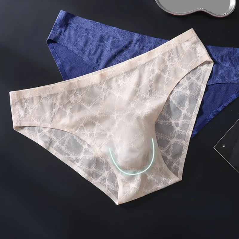 Men Sexy Lace Thin Ice Silk Briefs Underwear For Man Bulge Pouch Low Waist Very Hot Lingerie Solid Unisex Panties Men's Clothing — image 1