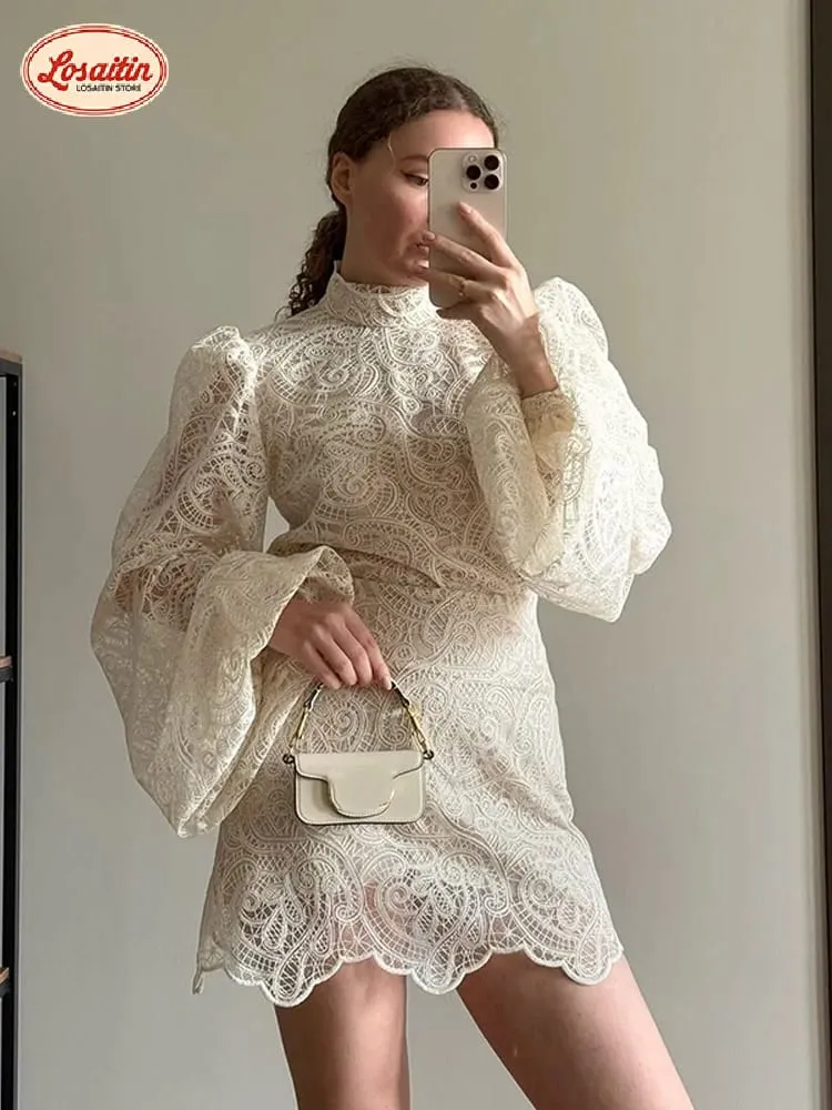 White Lace Long Flare Sleeve Top Skirt Suit Women Fashion High Waist Round Neck Mini Skirts Set Casual Party Holiday Outfit New
