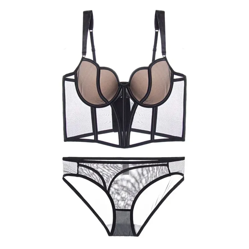 Sexy lingerie women's vest style small chest with steel ring thin bralette large size ladies long bra breifs set — image 7