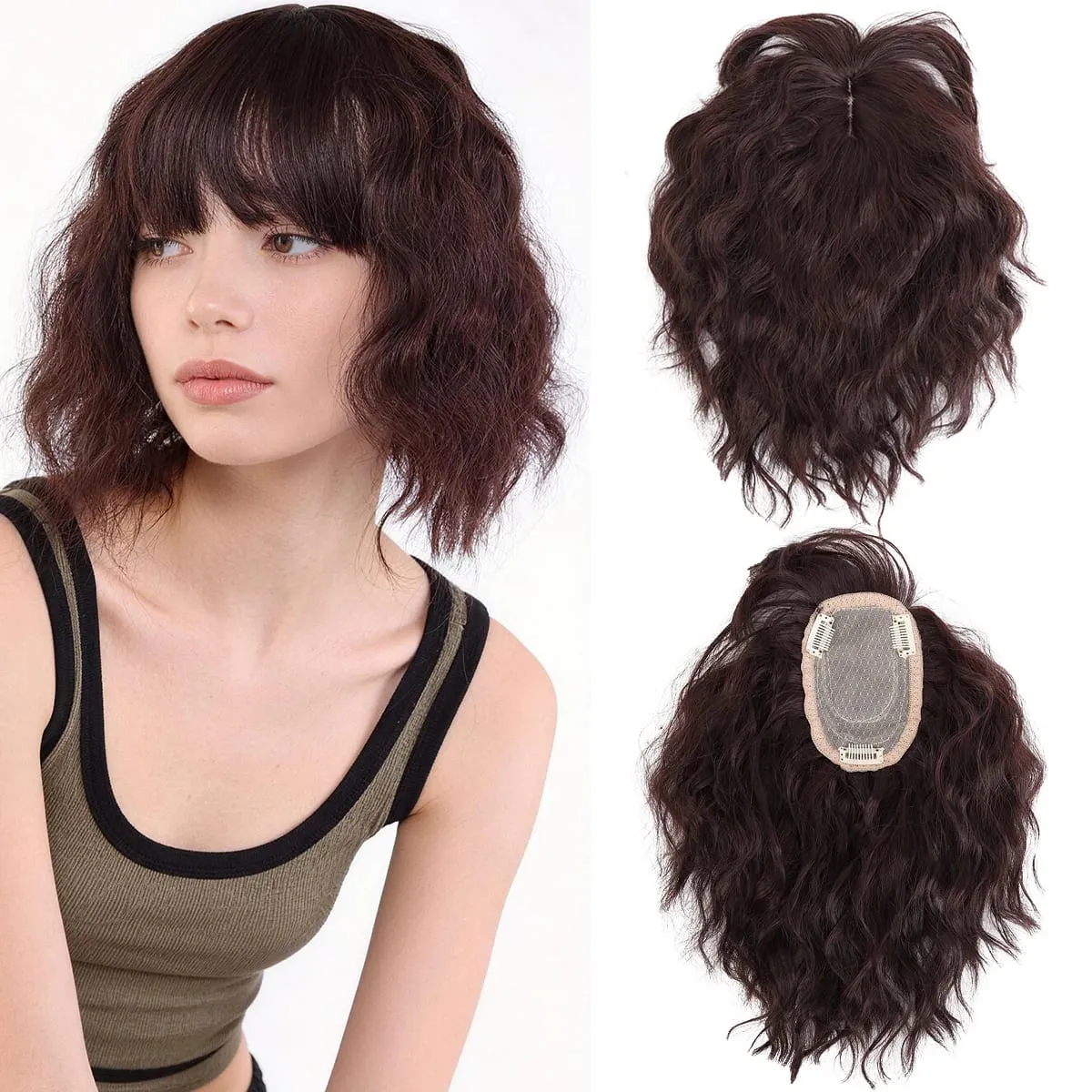 Topper Synthetic corn beard replacement block wig heat-resistant curly hair clip wig on the top of a woman's head — image 6
