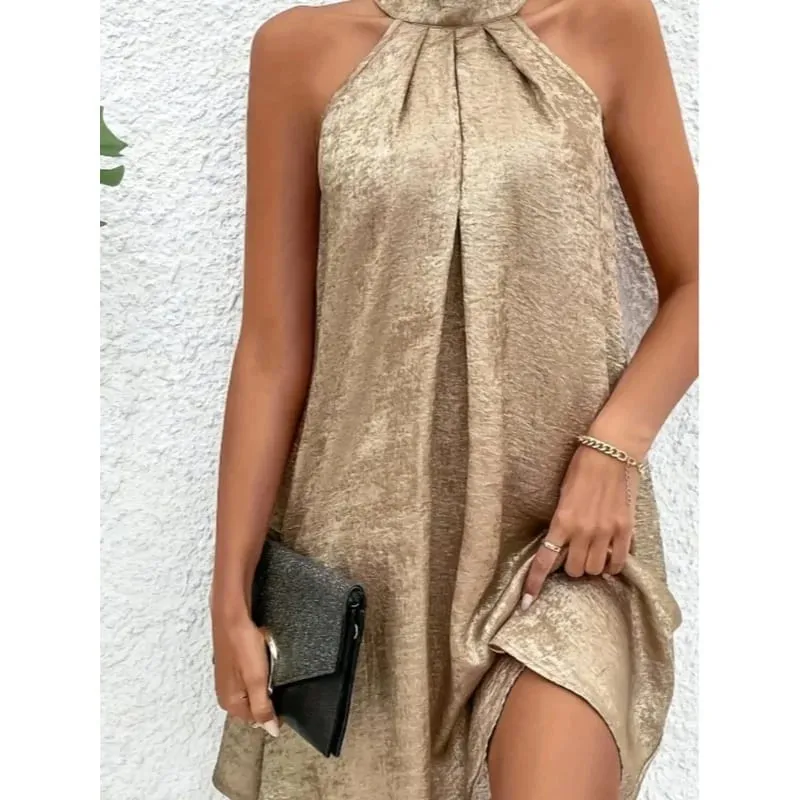 Champagne Color Women's Halter Neck Cold Shoulder Tie-Back Spaghetti Strap Sleeveless Summer Dress Fashion — image 4
