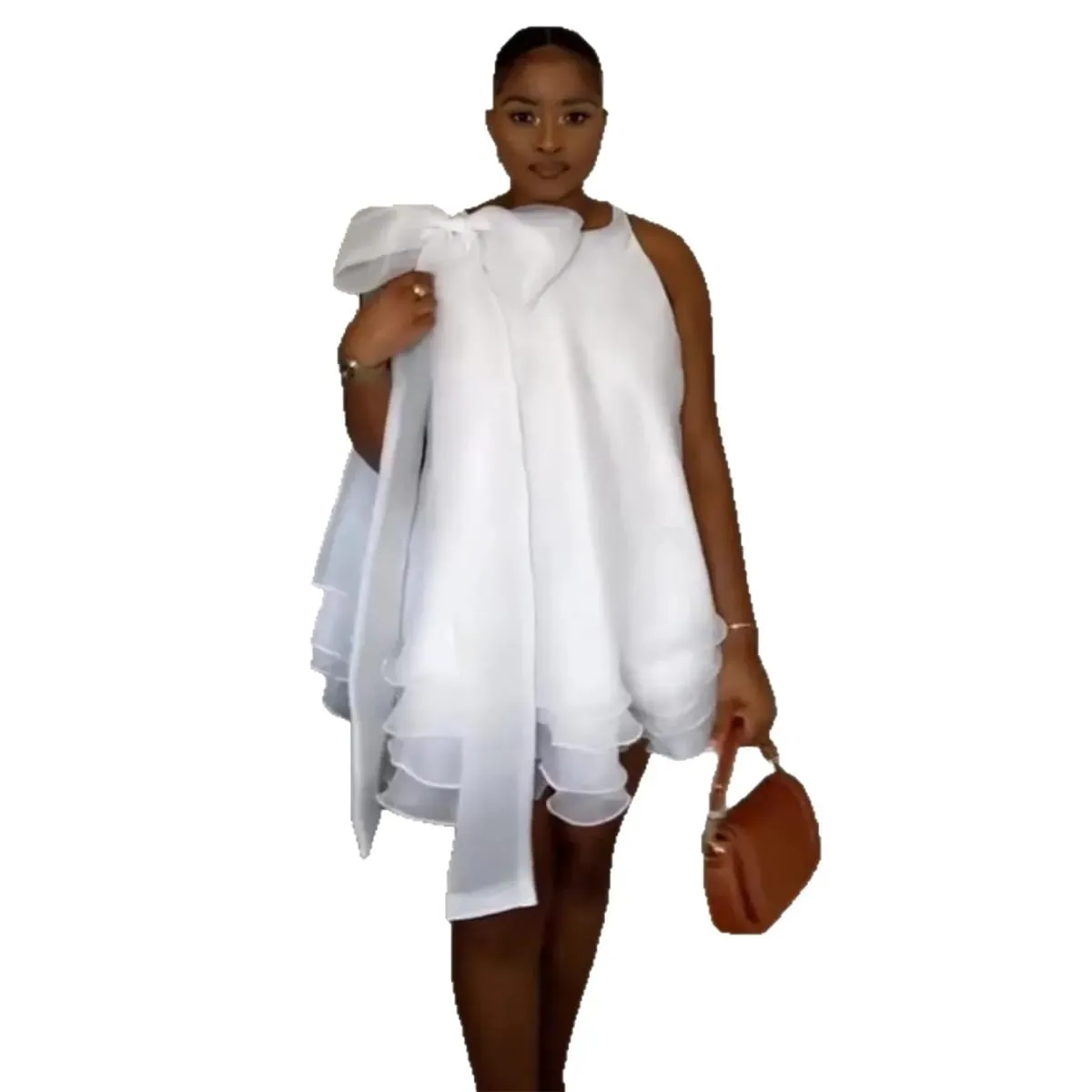 Elgant Party Evening Mini Dress for Women's Sleeveless Ruffle Bowneck White Chiffon Wedding Guest Beach Summer Dress 2026 — image 5
