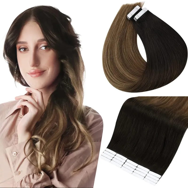 Full Shine Tape in Hair Extensions Human Hair Seamless Silky Straight Skin Weft 20Pcs 50G Add Length for Wedding