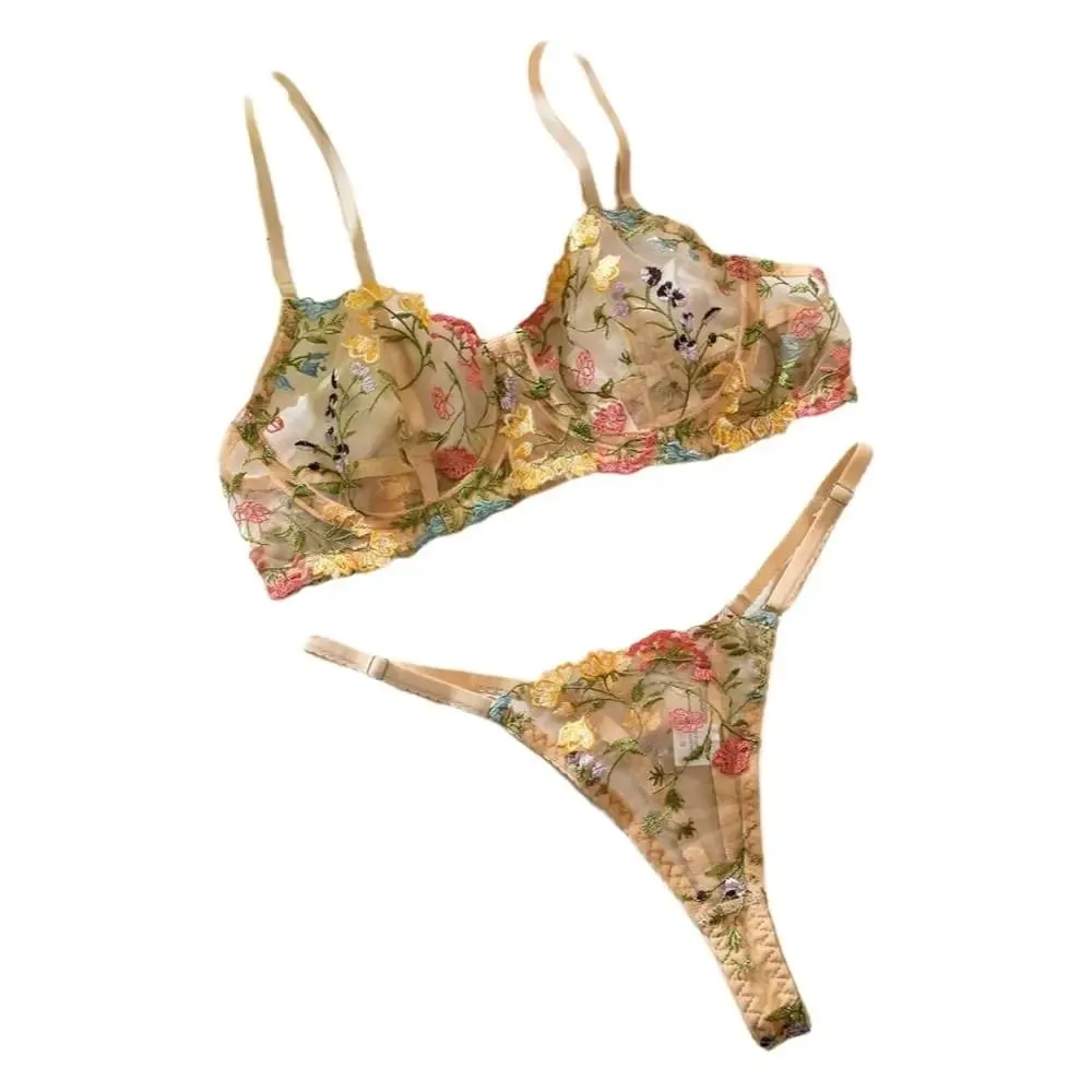 2-Piece Versatile Floral Lingerie Set Embroidery Sheer Women Underwear Boho Bra Panty Set