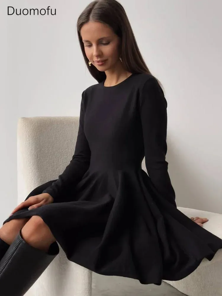 Duomofu Knit Mini Dresses Women Autumn Winter Long Sleeve Sweater Dress Female Elegant Fashion Slim A Line Pleated Dress Vestido — image 6