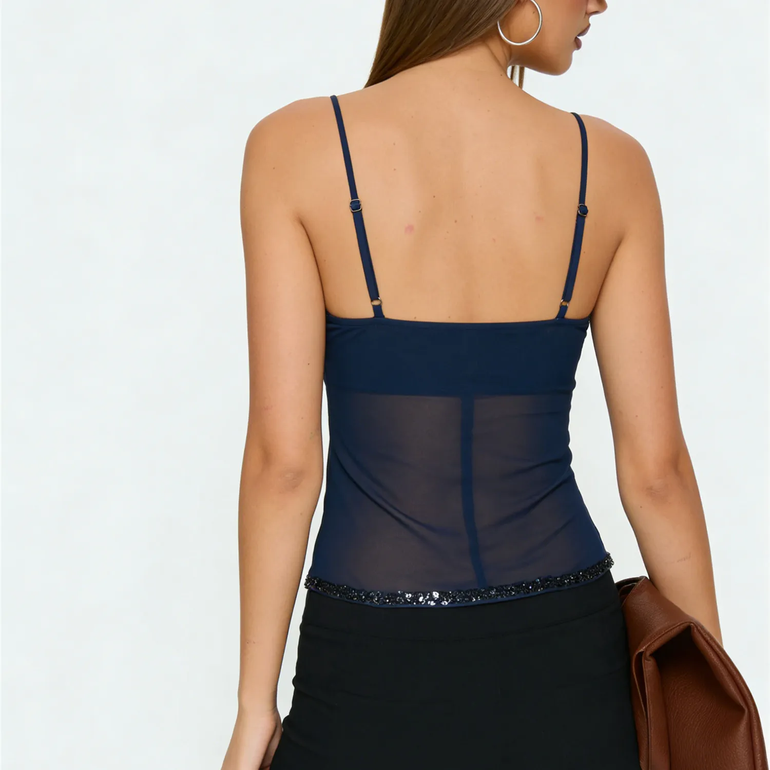 Women Y2K Sequin Beaded Mesh Cami Top Spaghetti Strap V Neck Fitted Sheer Camisole Summer Vacation Going Out Streetwear — image 6