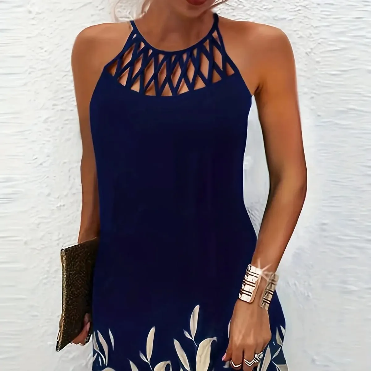 2026 New Spring and Summer National Wind Positioning Printing Mesh Belt Sleeveless Casual Dress