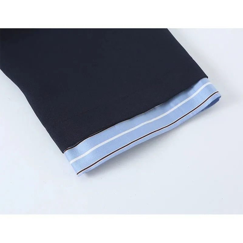 Ladies Contrast Stripe Spliced Casual Short Dress Bow Tie Neck Half Sleeve Ruffled Hem Loose Fit Commuter Dresses