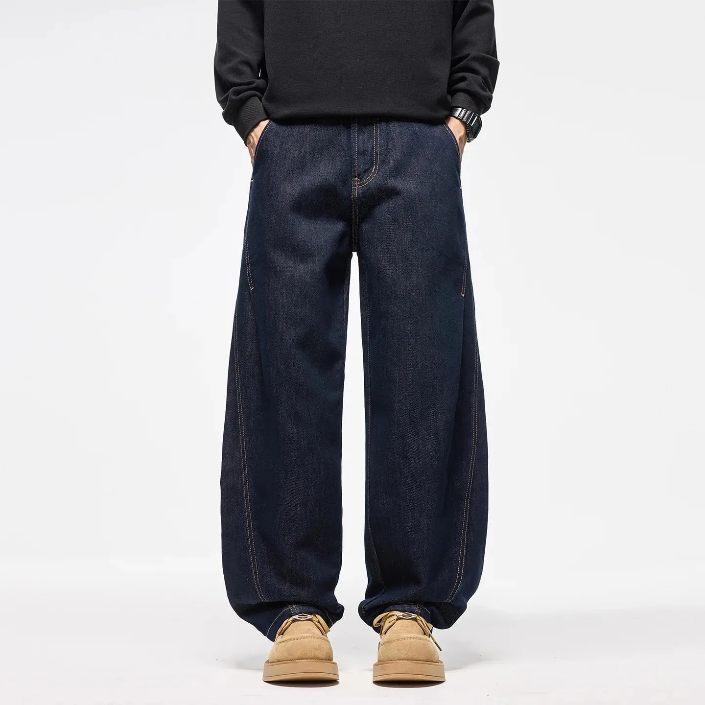 Autumn Winter 2026 New Fashion American Style Men's Dark Blue Solid Color Casual Trendy Simple Basic Wide Leg Loose Jeans Pants